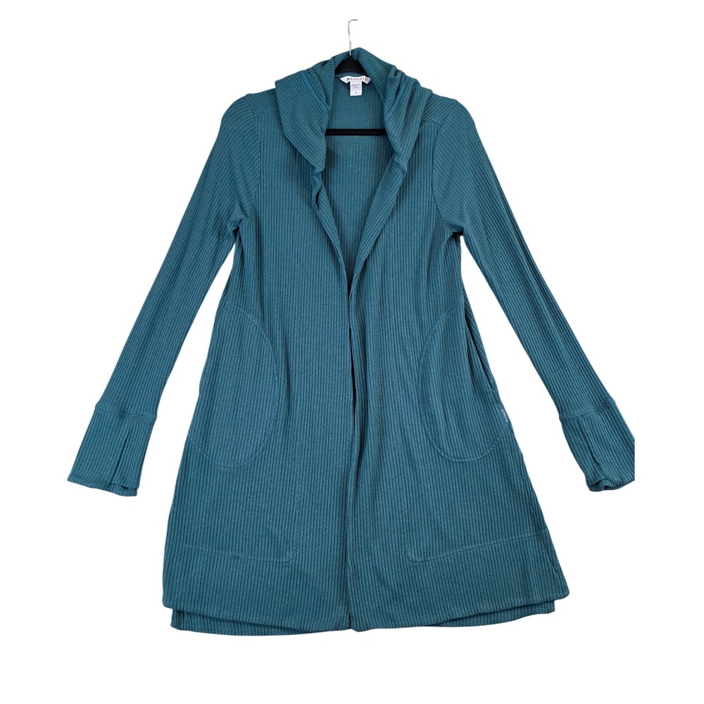 Athleta Harmony Pose Wrap Cardigan Borealis Green Ribbed Hooded 882495 FA22 sz S